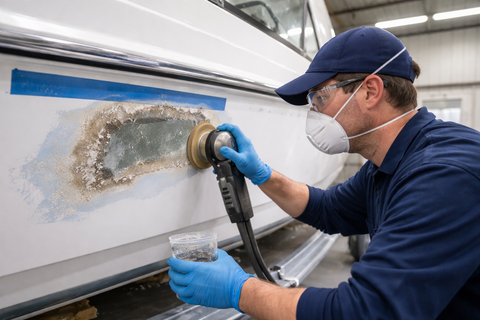 Technician performing fiberglass repair on a boat hull